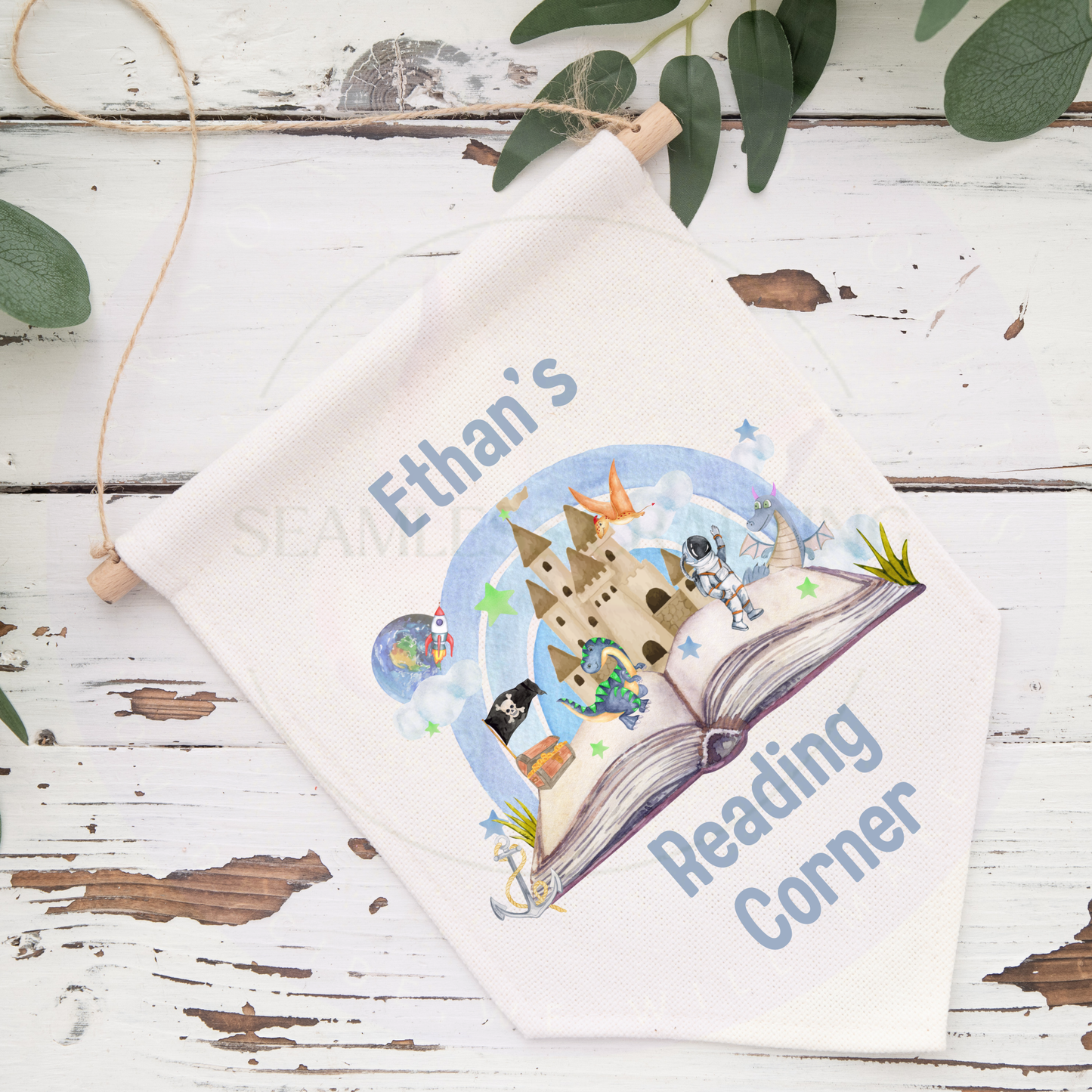 Kids reading corner wall decor personalised banner with name, nursery book nook sign for children bedroom playroom