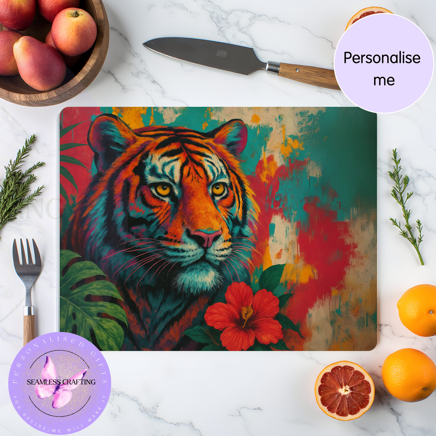 personalised worktop saver glass chopping board colourful tiger design