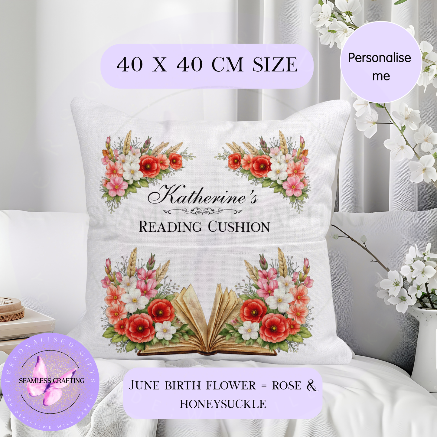 Personalised August birth flower reading cushion with poppy and gladiolus floral design on white sofa — custom name cushion gift for book lovers
