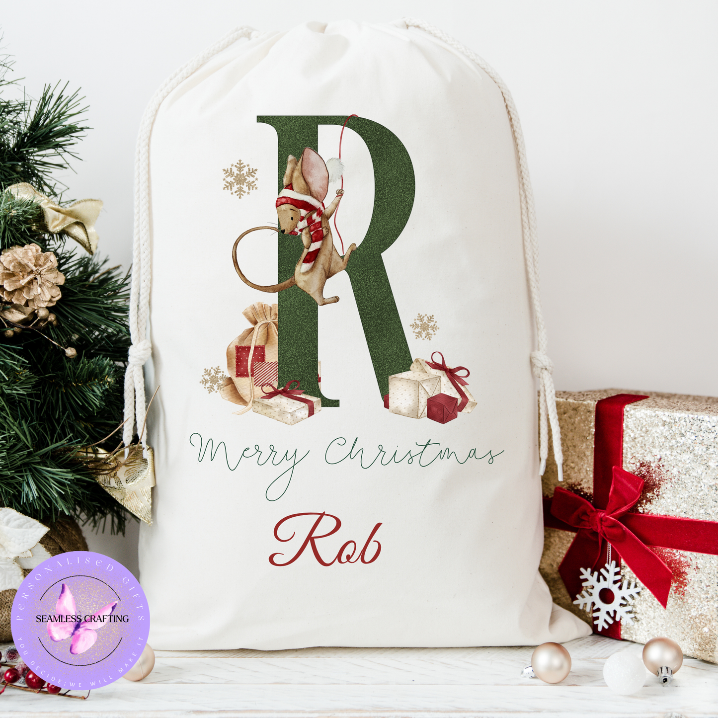 Personalised Christmas Sack & Enamel Mug Set | Custom Name Santa Gift Bag | Initial Mouse Design | Kids Xmas Eve Bag | 2 Sizes | 4 Colours