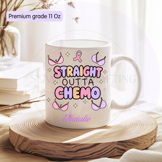 White 11 oz personalised Straight Outta Chemo ceramic mug with pink ribbon design