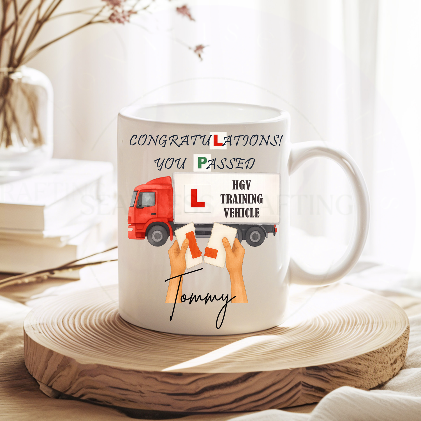 Personalised HGV pass mug UK, custom name Olson ceramic mug, driving test gift for new driver
