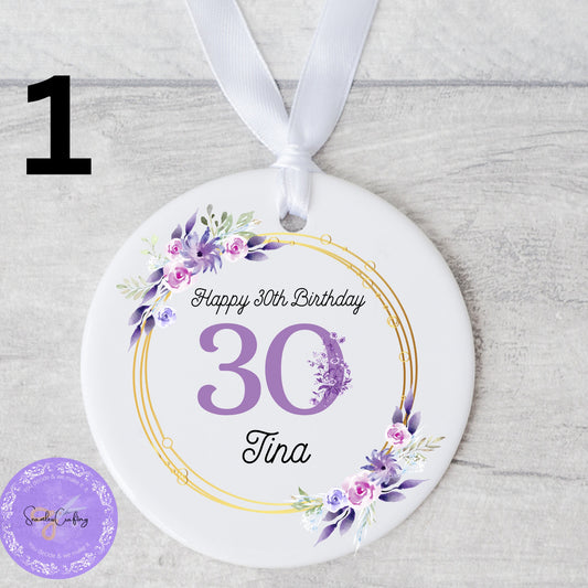 Personalised Milestone Birthday Hanging Acrylic ornament, Any age Purple flowers Plague, Gift For Her, 18th, 50th, 60th Birthday Keepsake