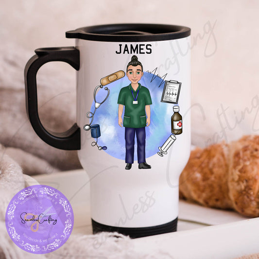 Personalised Male Nurse cup, Careworker custom mug, NHS Staff gifts, Healthcare Worker, Gift for him, Build your caricature men Travel Mug