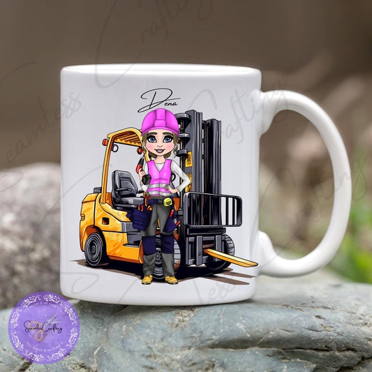 Personalised travel mug builder workwomen, Construction worker Engineer, Handylady contractor Builder, Workwoman joiner yellow pink vest mug