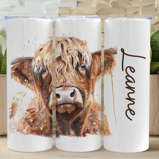 Personalised Highland Cow water Bottle - 20 oz Tumbler Gift, Cute Highland Coo Design, Stainless steel, Add any name thermal cup, fluffy coo