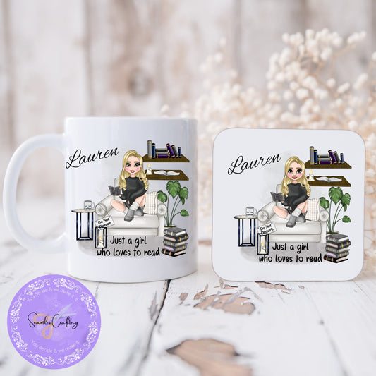 Personalised Caricature book lover mug, Just a girl who loves to read, Design your character cup, Reading teacup gift, Bookworm Cuppa