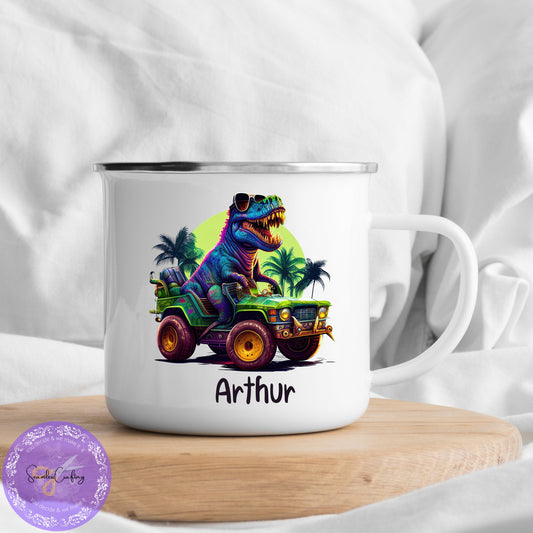 Personalised  Enamel Mug Trex- Dinosaur Truck, Fire Engine Enamel Mug, Choice of Design, Personalise Name Mug, Gift For Kids