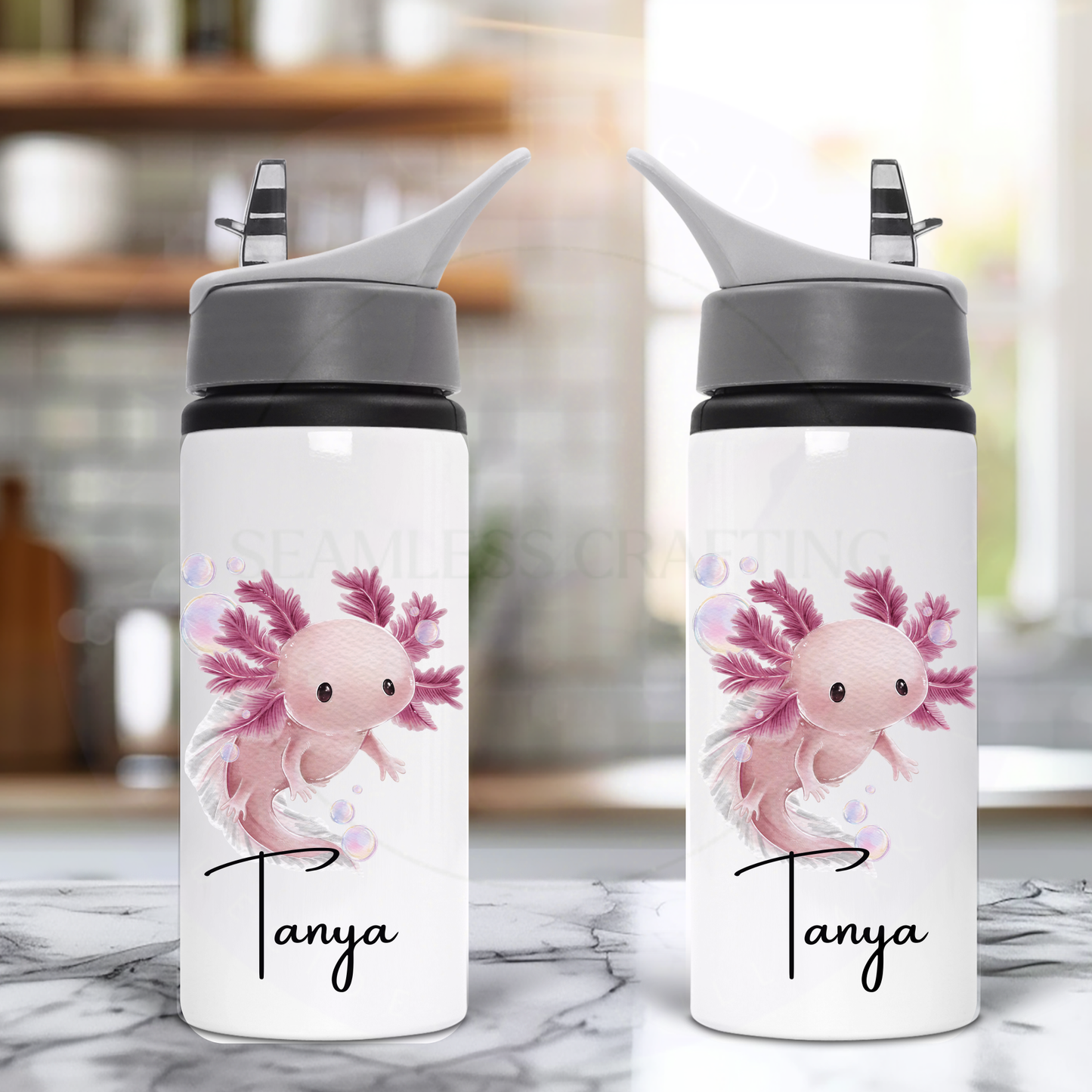 Custom axolotl drink bottle with name printed cute animal design reusable kids bottle