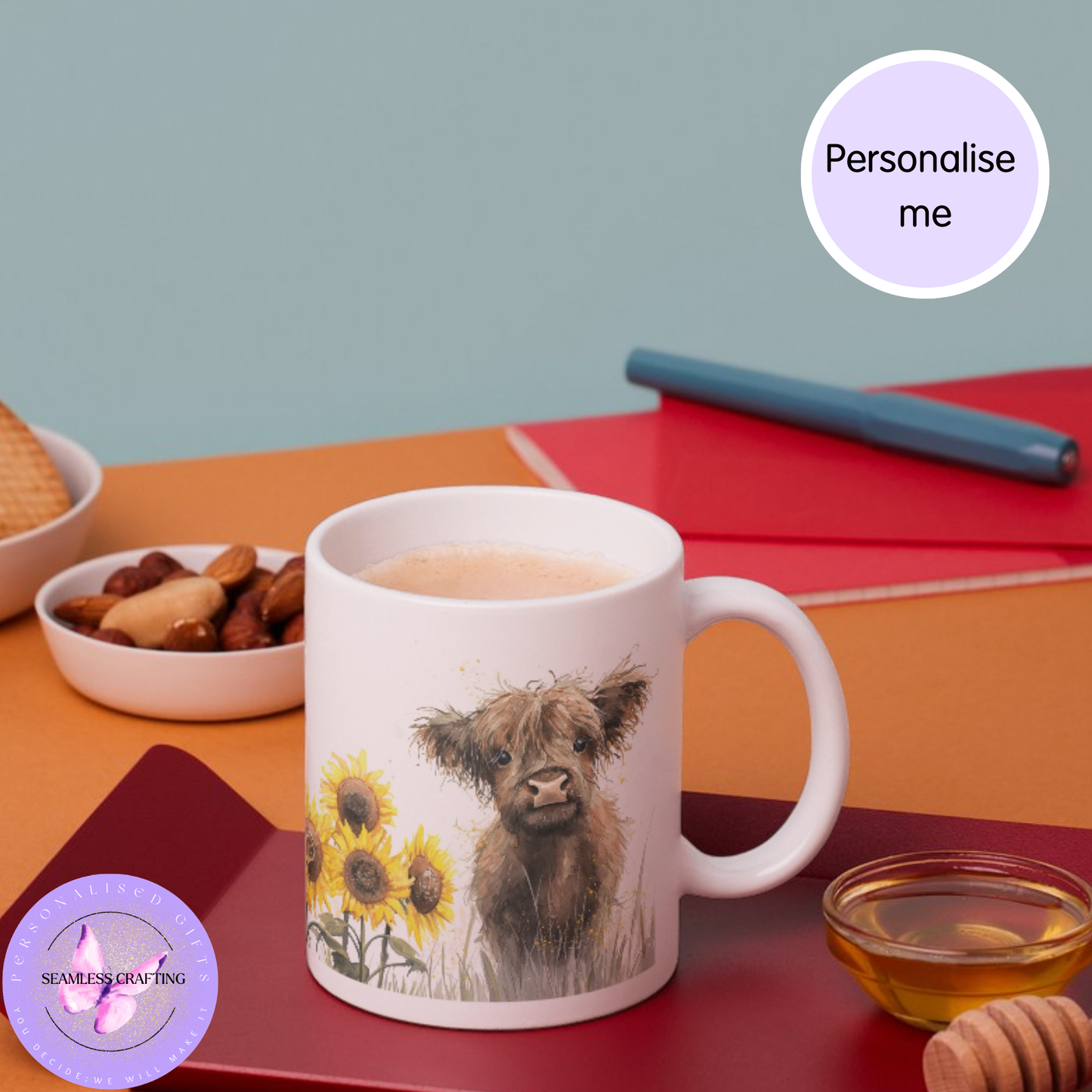 Personalised Highland Cow Mug – Custom Nanna/Nanny/Nan Gift – Sunflower Ceramic Mug (11oz)