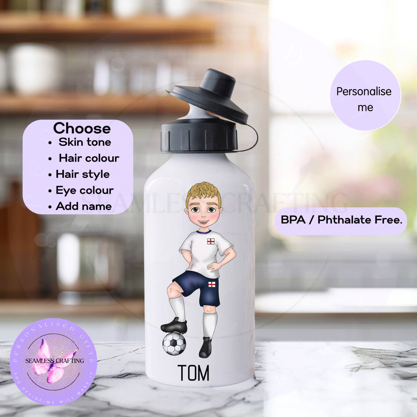 Personalised England Football Boy Water Bottle – Custom Name Kids Sports Bottle 600ml
