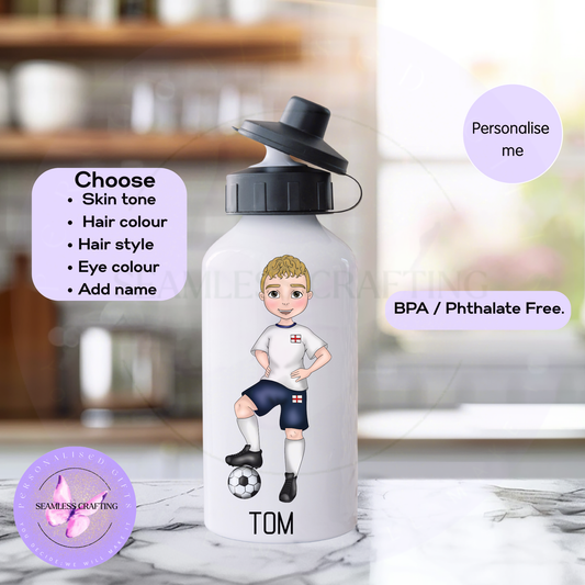Personalised England Football Boy Water Bottle – Custom Name Kids Sports Bottle 600ml