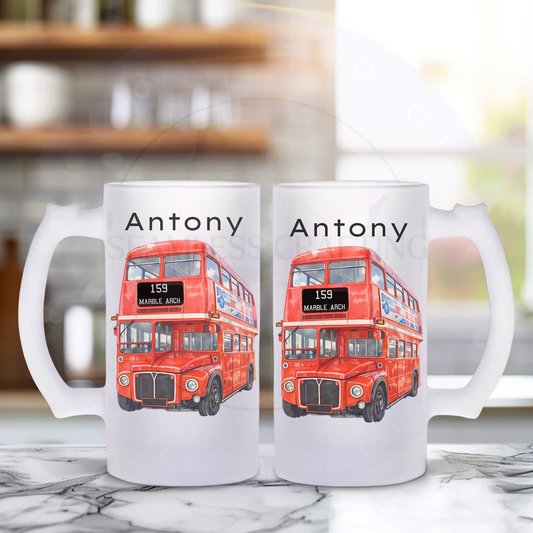 Personalised Red London Bus Mug – Custom Name Gift – Travel Mug, Frosted Glass, Ceramic Cup – Unique Gift for Him, Dad, Driver