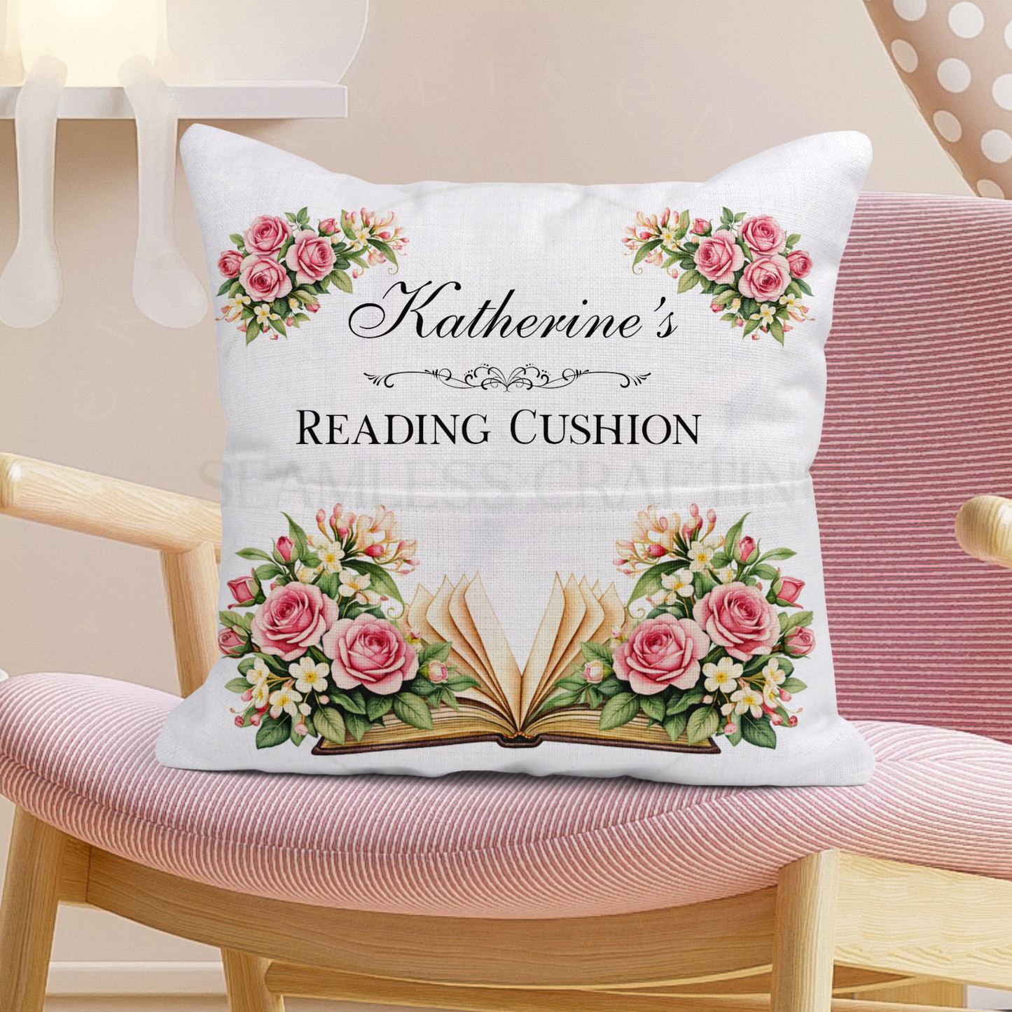 June birth flower reading pillow showing book pocket and floral artwork