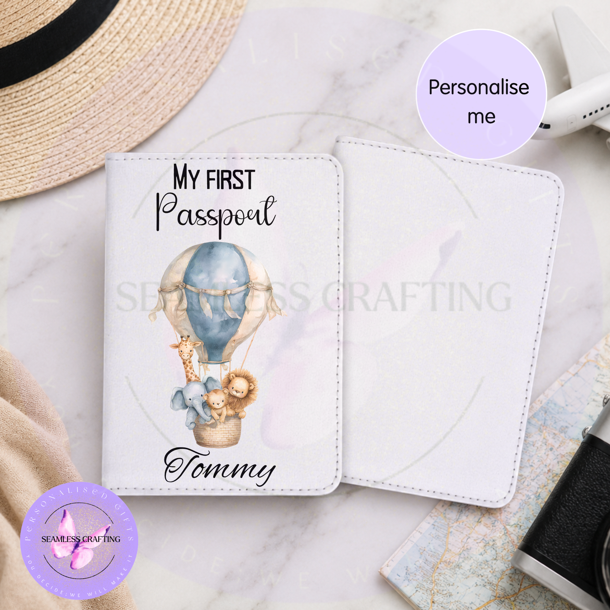 Personalised My First Passport cover for kids with blue hot air balloon and safari animals