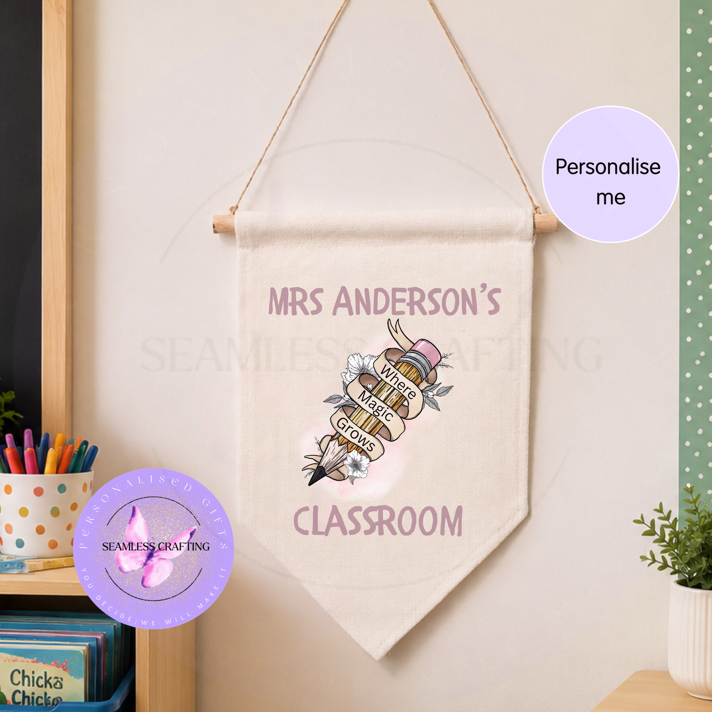 Custom nursery or school wall banner with teacher name and magic quote