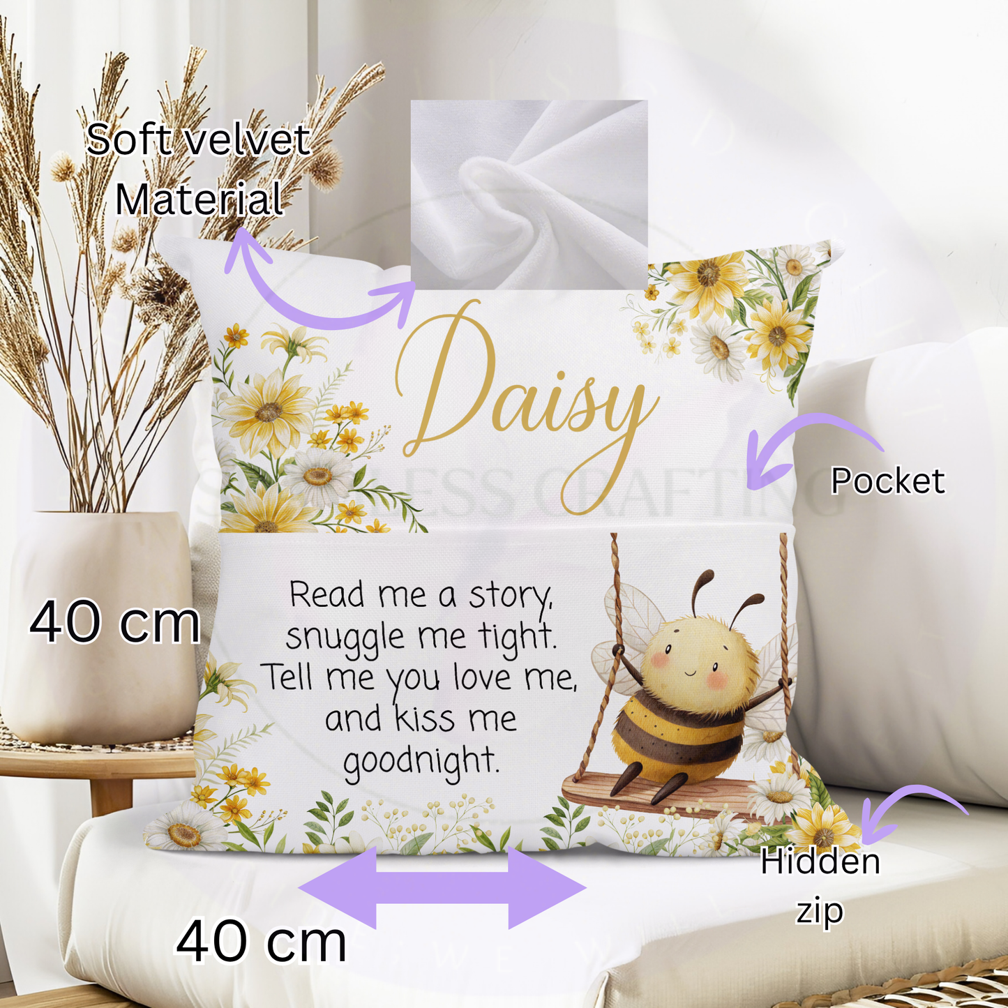 Custom name children’s reading cushion with bee on swing, yellow daisies and hidden zip
