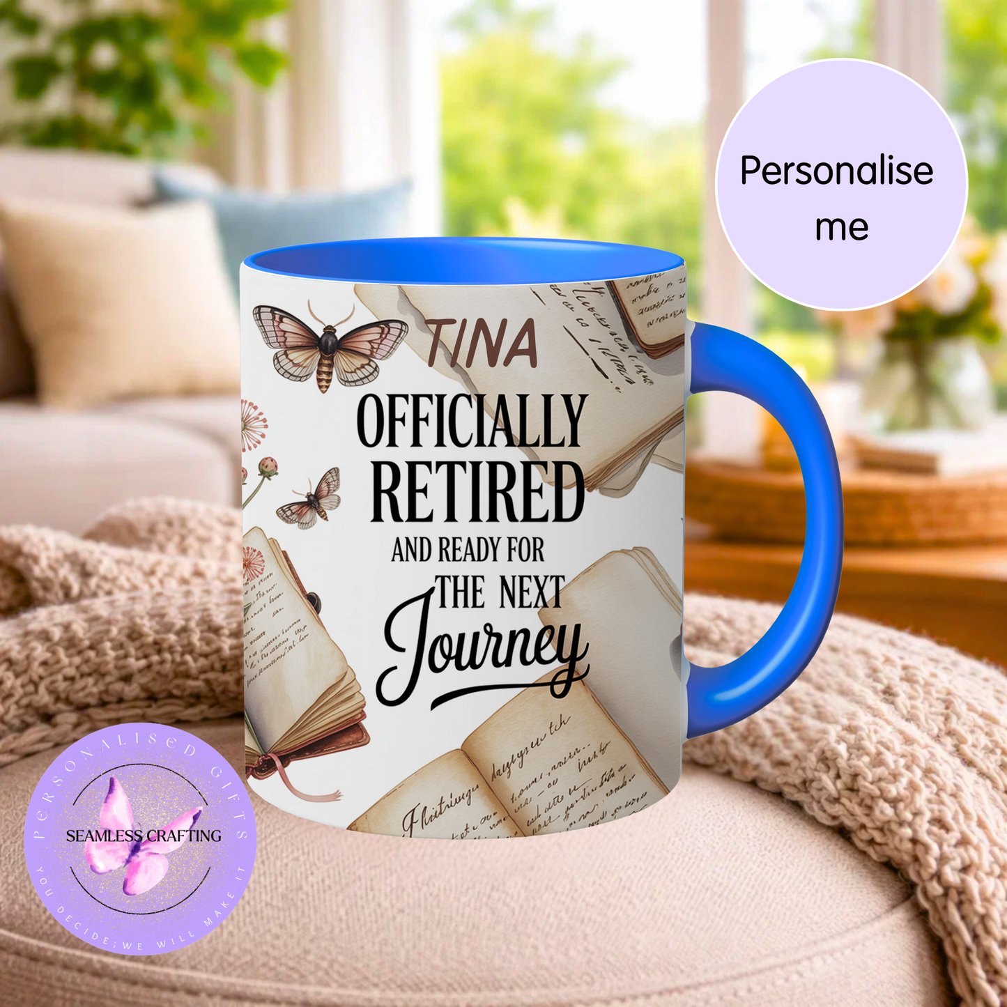 Personalised retirement mug with name featuring vintage books and butterflies – officially retired gift mug