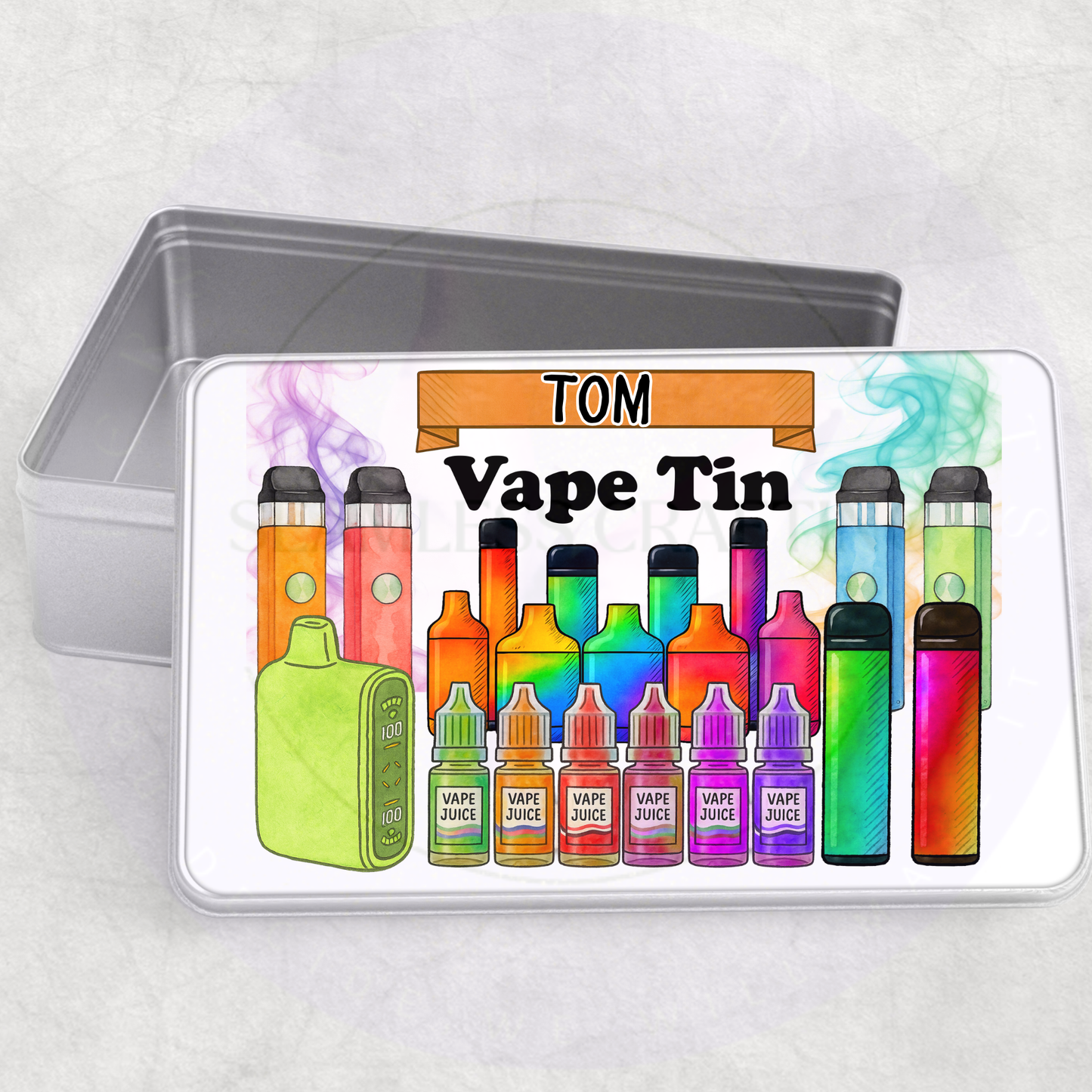 Personalised vape tin with name Tom, colourful vape bottle design, custom metal storage box for e liquids and vape accessories