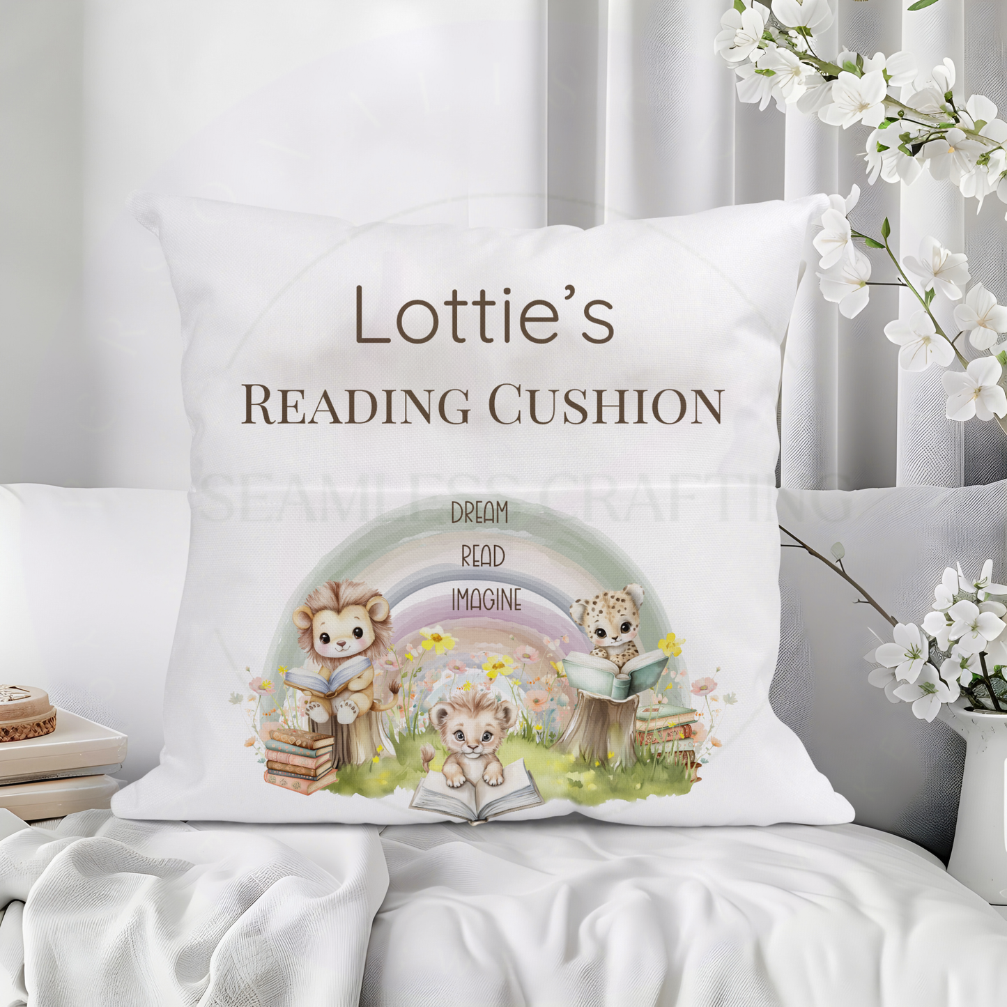 Personalised Kids Reading Cushion with Pocket | Custom Name Storytime Pillow | Lion & Animal Design Book Cushion Gift