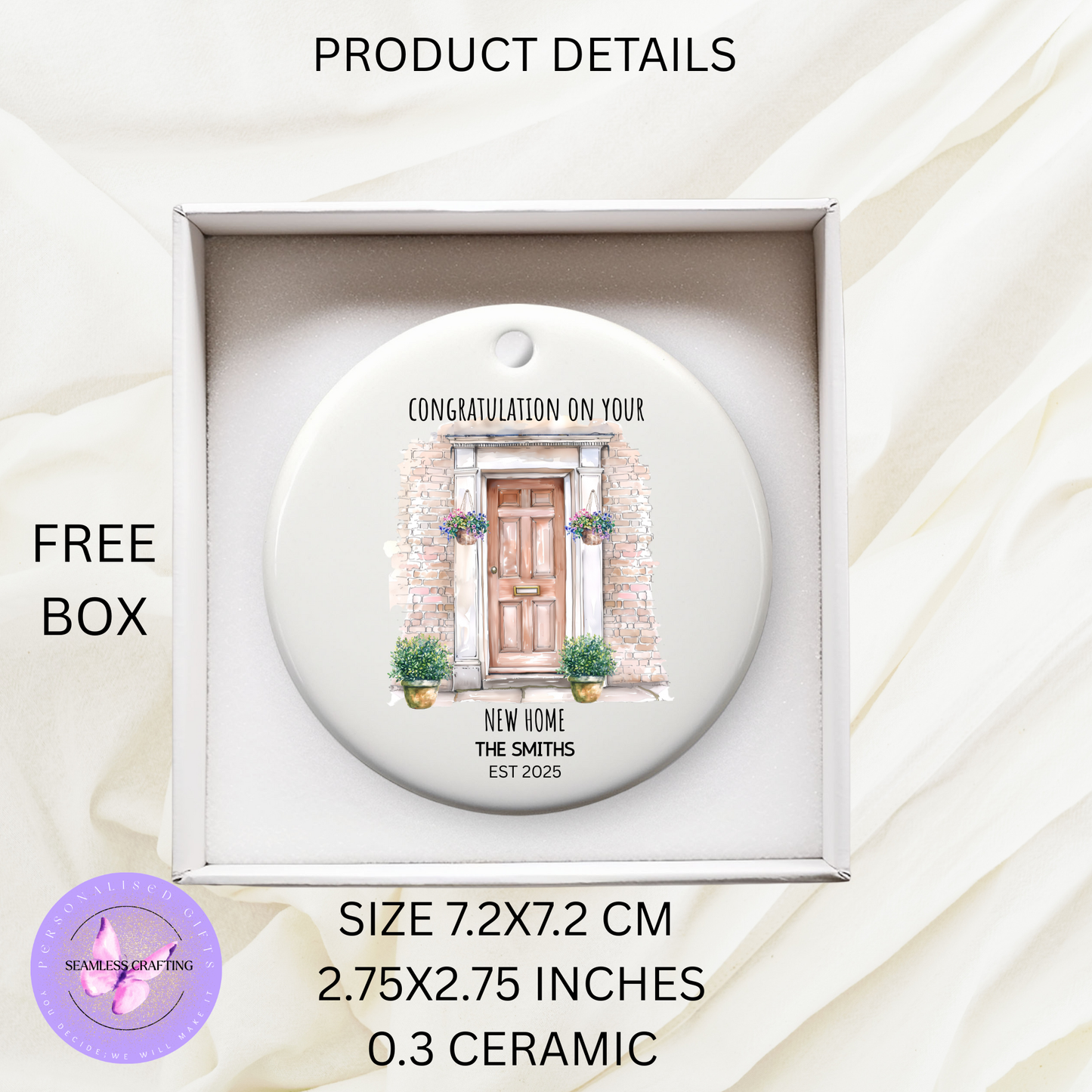 Personalised New Home Ornament – Custom House Door Keepsake Gift | New Home Bauble | Housewarming Gift | Add Family Name & Date | 7.2cm Ceramic