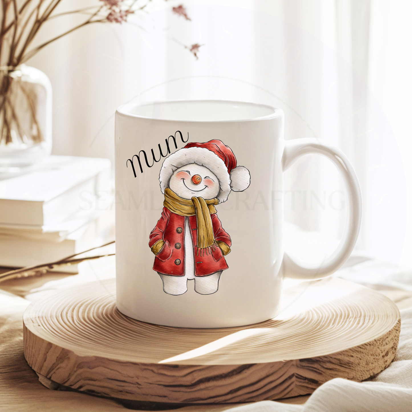 White personalised snowman Christmas mug featuring a red outfit and the name Mum