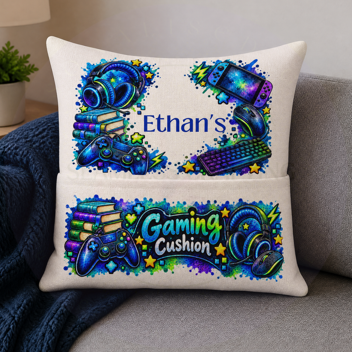 Custom name gaming cushion with controller keyboard headset and handheld console design