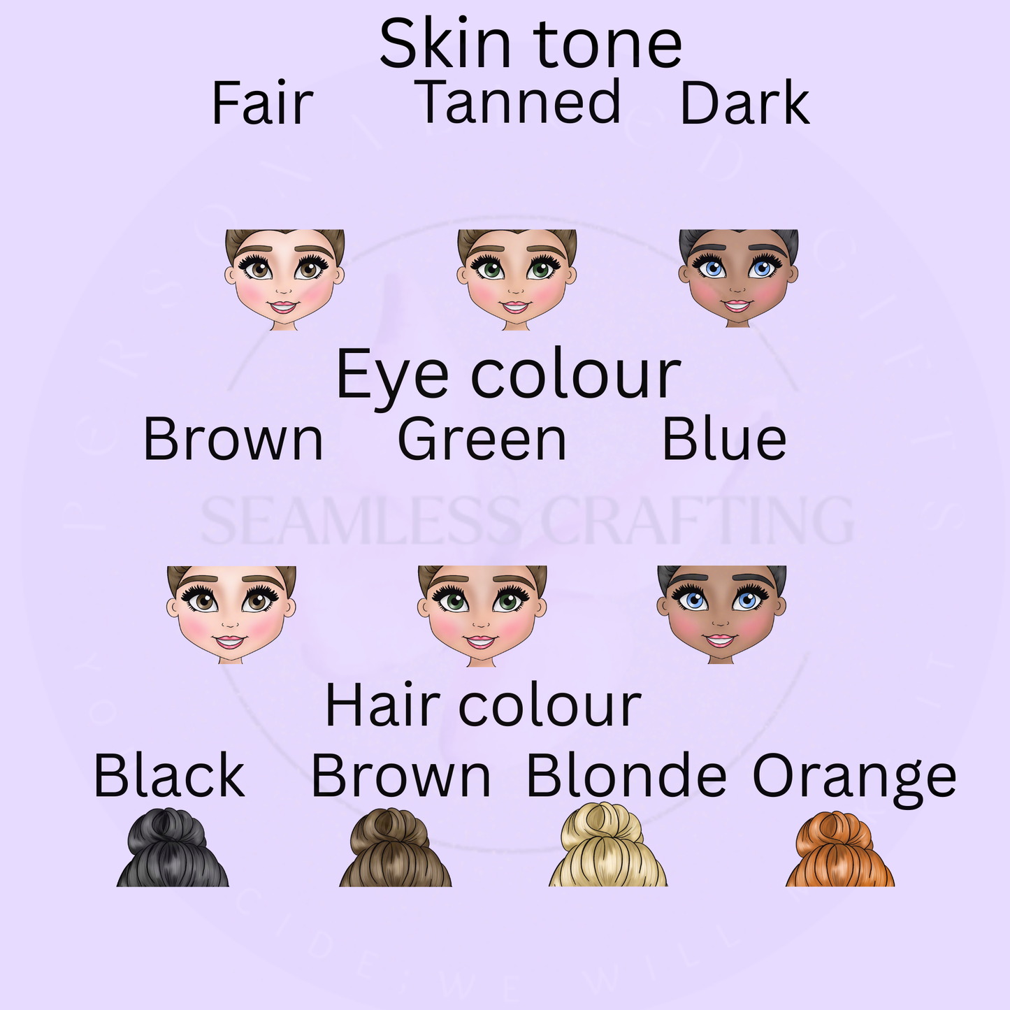 Acro dancer personalisation chart showing three skin tones, three eye colours and four hair colours