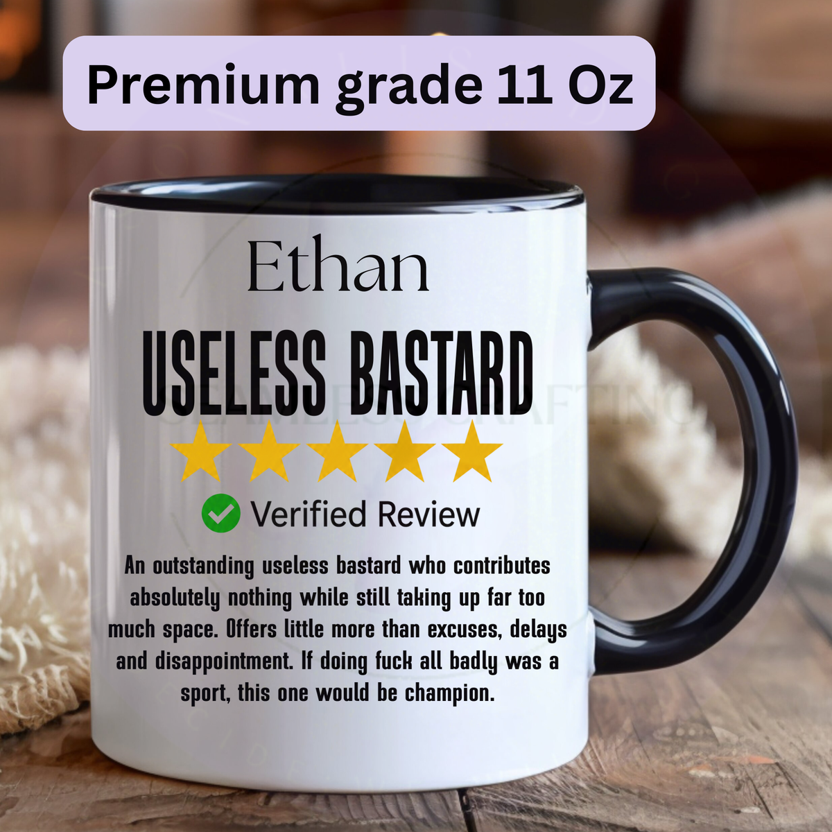 Useless Bastard mug with black handle and funny verified review design