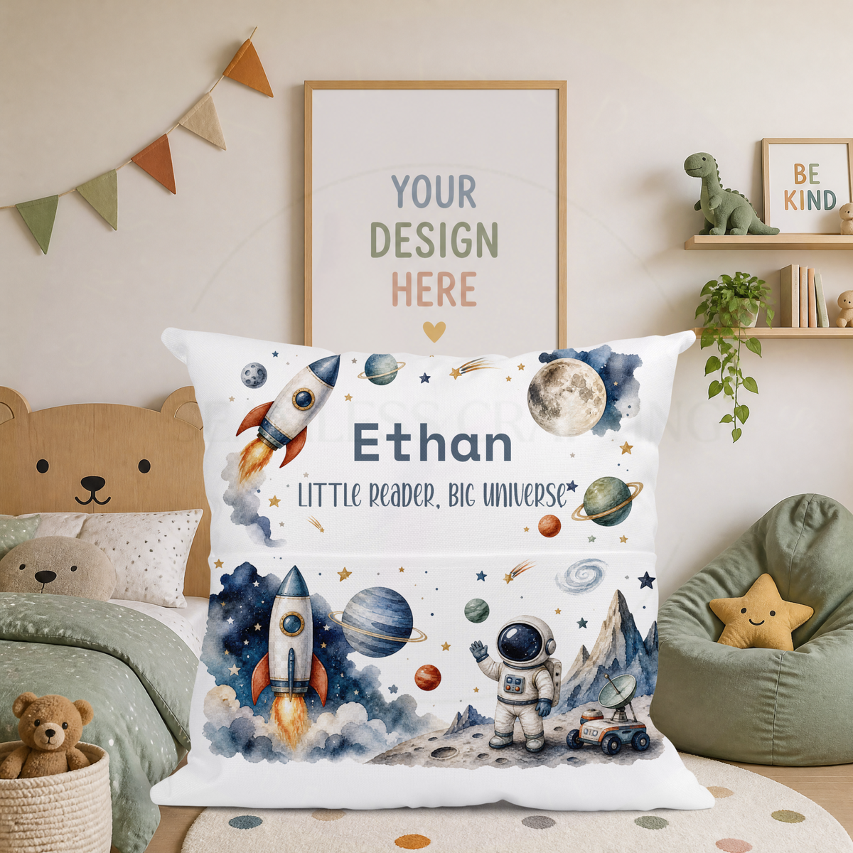 40cm personalised space reading cushion displayed in a children's space themed bedroom