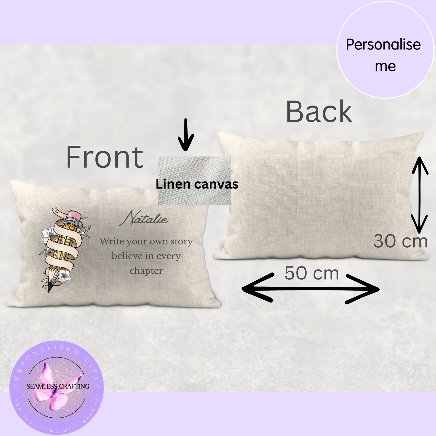 Personalised Writing Cushion 30×50cm – “Write Your Own Story” Linen Canvas Pillow – Custom Name Gift for Teachers, Writers & Students