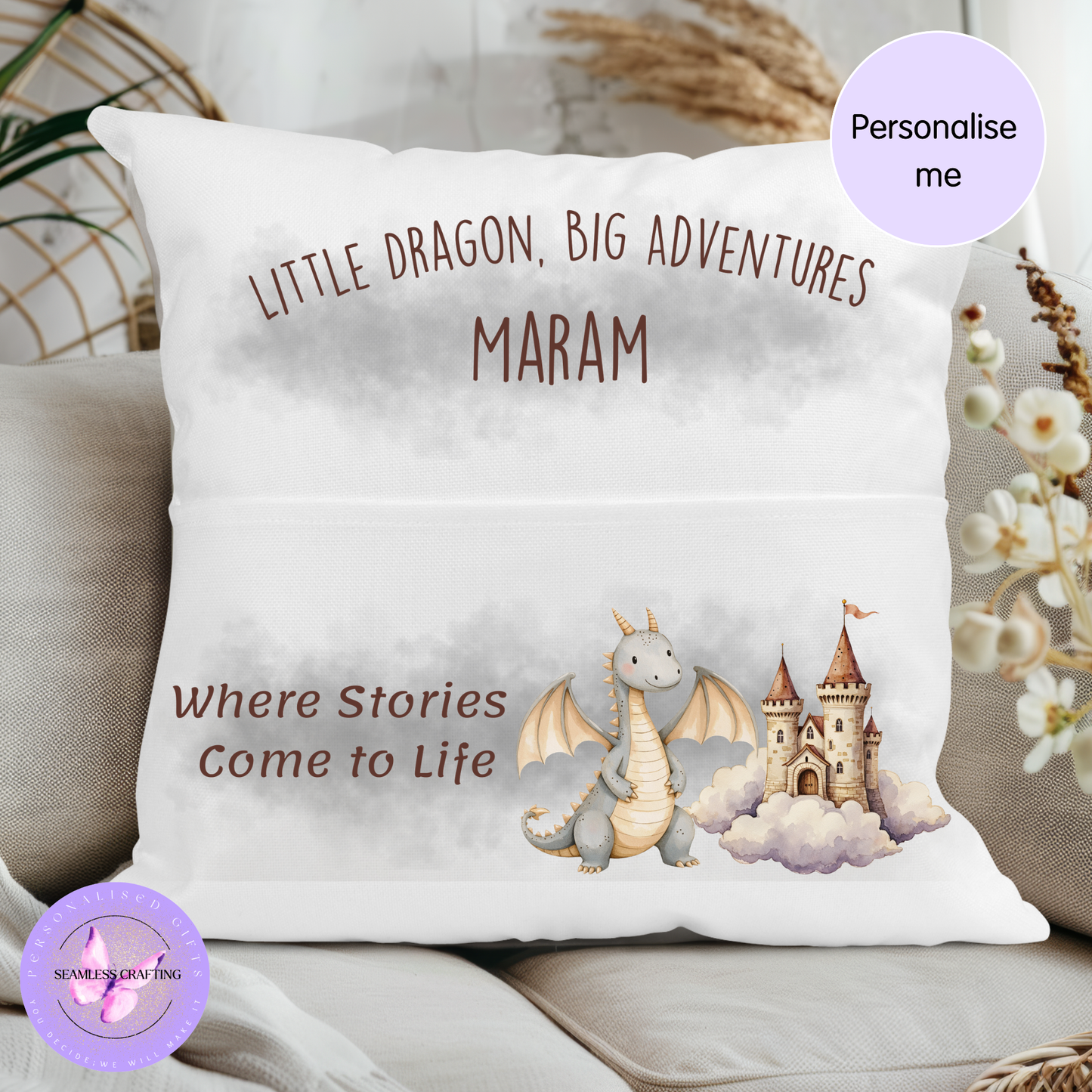 Personalised Dragon Reading Cushion with Pocket – Soft Velvet Book Pillow for Kids – Custom Name Gift