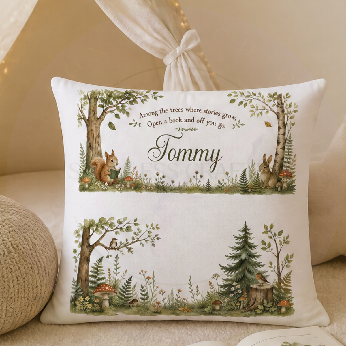 Personalised kids reading cushion with woodland animals and book pocket in forest themed bedroom