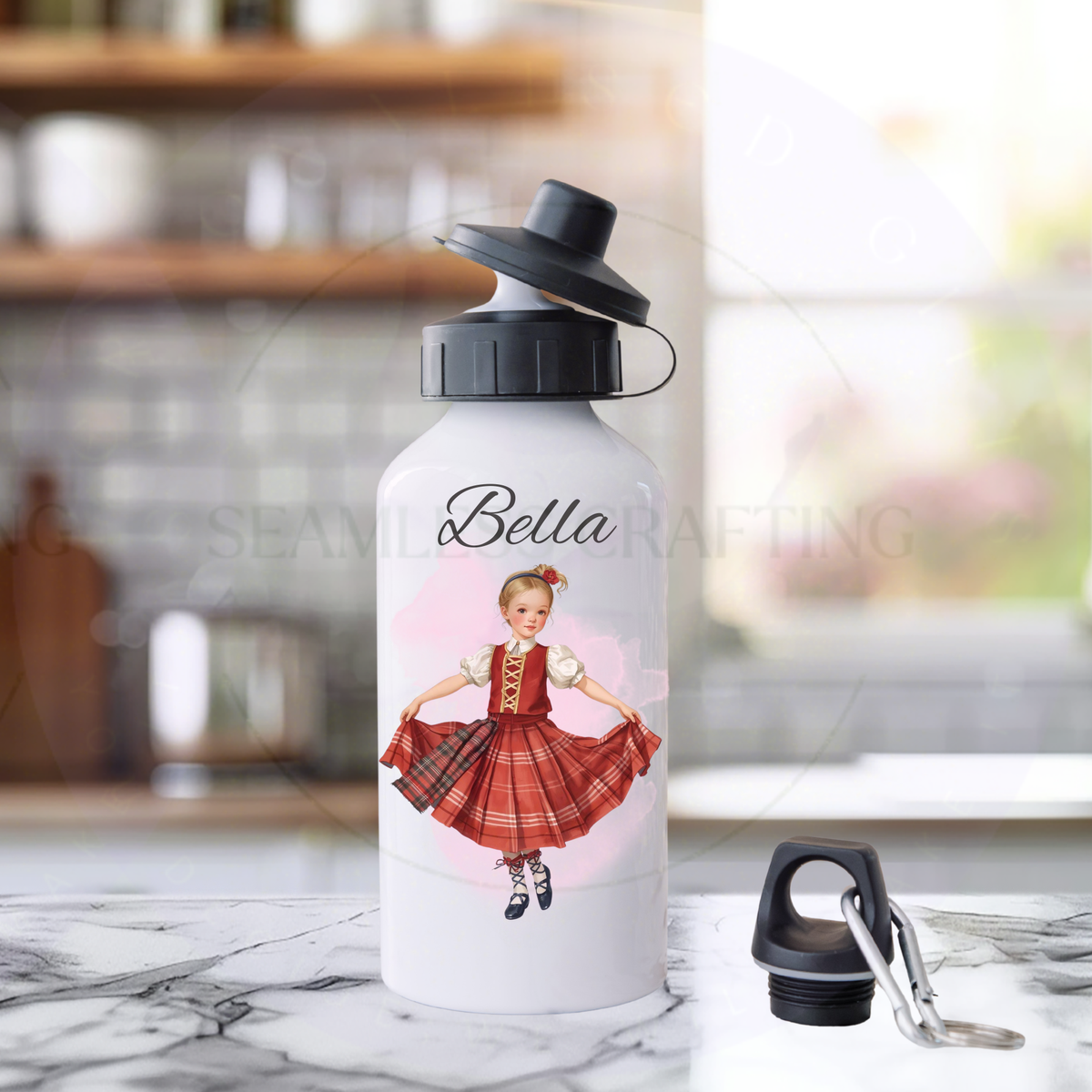 Two personalised Highland dance bottles with Robin and a girl wearing a red and navy tartan costume