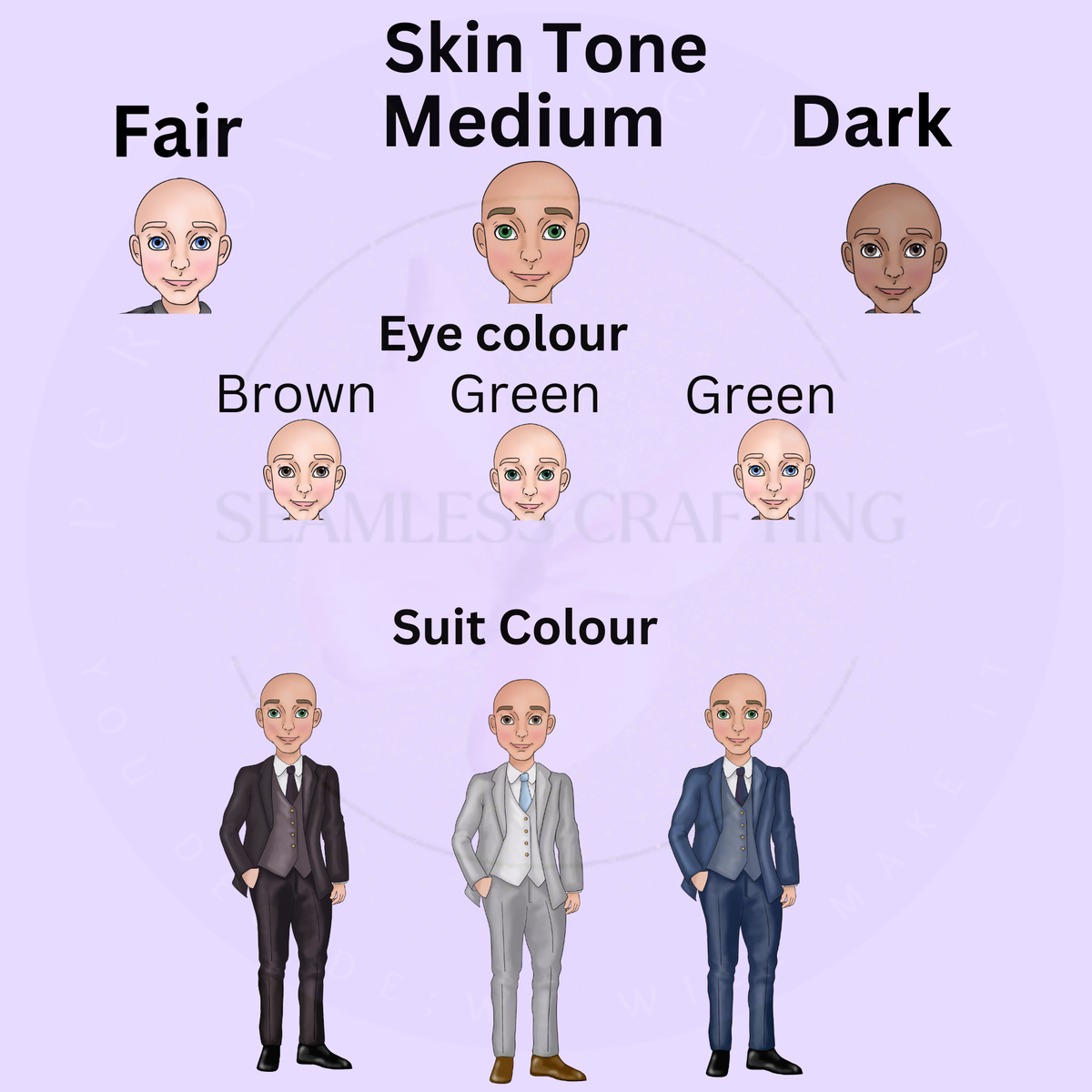 Photo 3: Male travel agent character builder showing fair medium and dark skin tones and eye colour choices