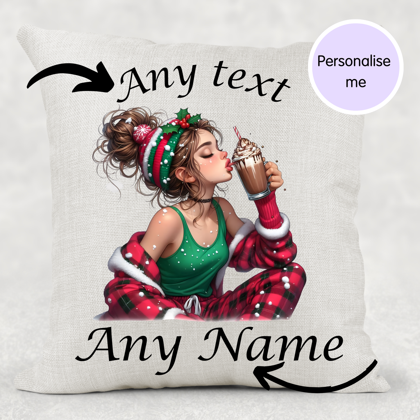 Personalised Christmas Cushion – Cosy Girl Hot Chocolate – Teen Christmas Gift – Custom Name Pillow – 40cm Linen Canvas Cushion