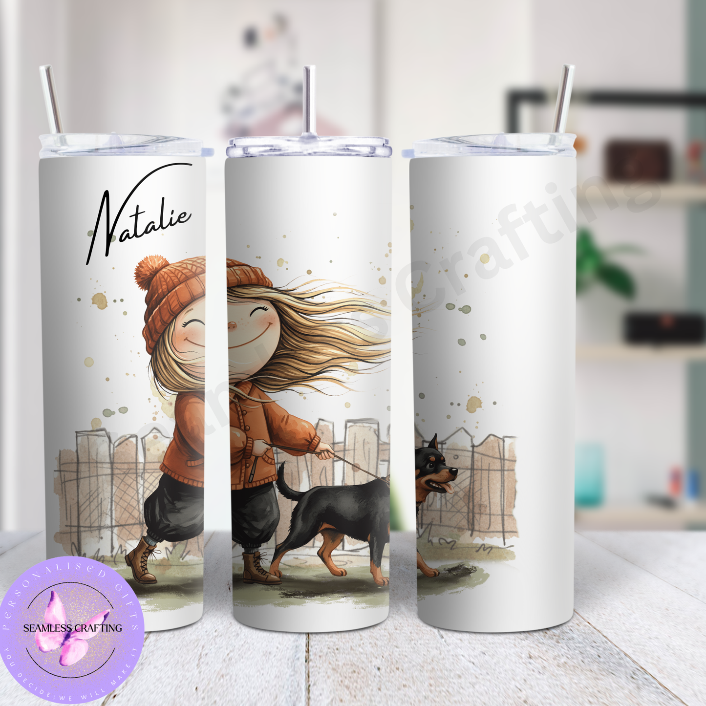 Personalised Whimsical Dog Walker Mug or Tumbler – Custom Name | Dog Lover Gift | Dog Walking Present | Pet Owner Gift