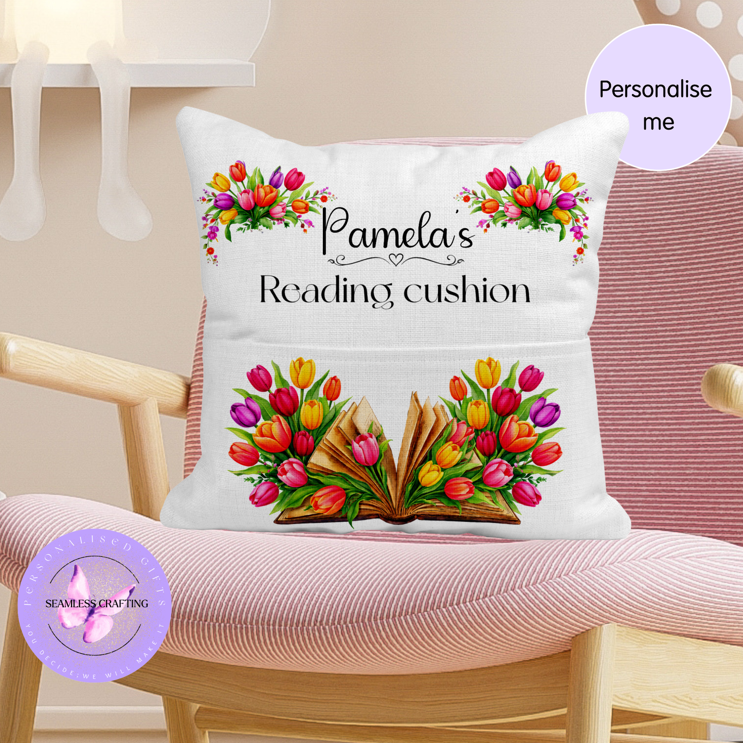 Personalised Tulip Reading Cushion with Pocket