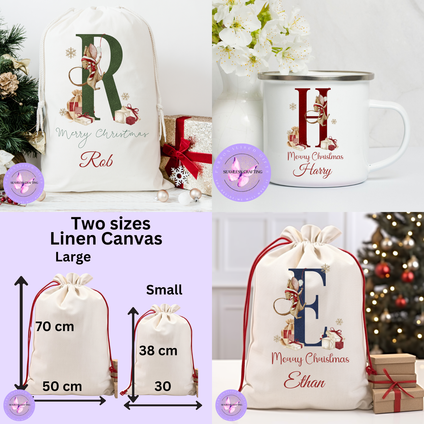 Personalised Christmas Sack & Enamel Mug Set | Custom Name Santa Gift Bag | Initial Mouse Design | Kids Xmas Eve Bag | 2 Sizes | 4 Colours