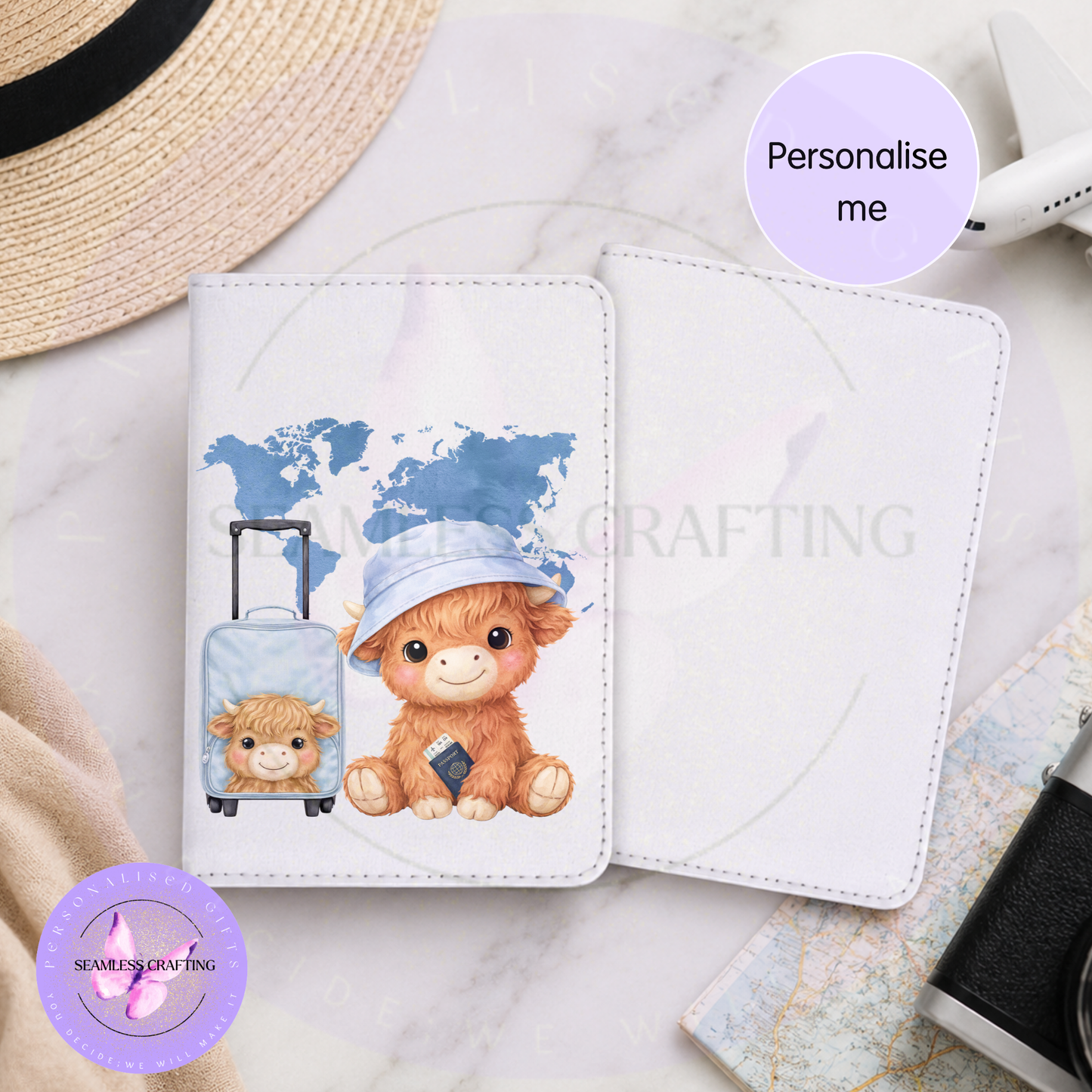White faux-leather passport cover with a blue world map, travelling Highland cow, suitcase and bucket hat