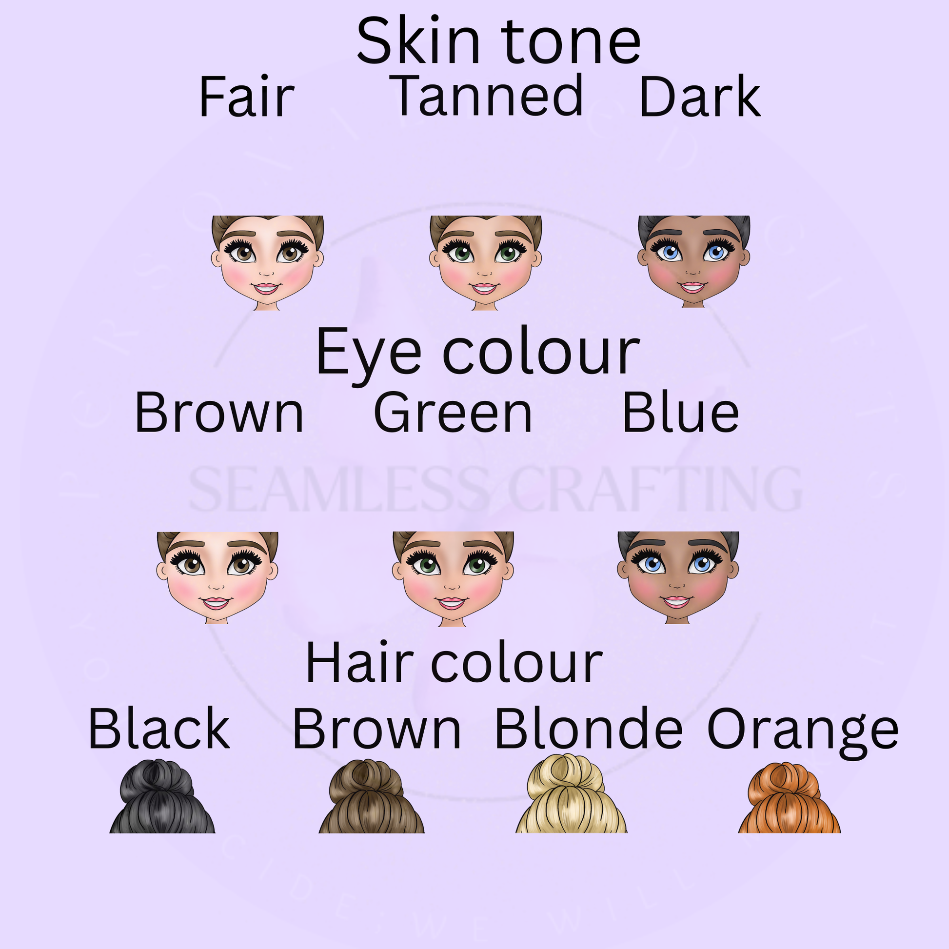 Dancer personalisation guide showing three skin tones, three eye colours and four hair colours