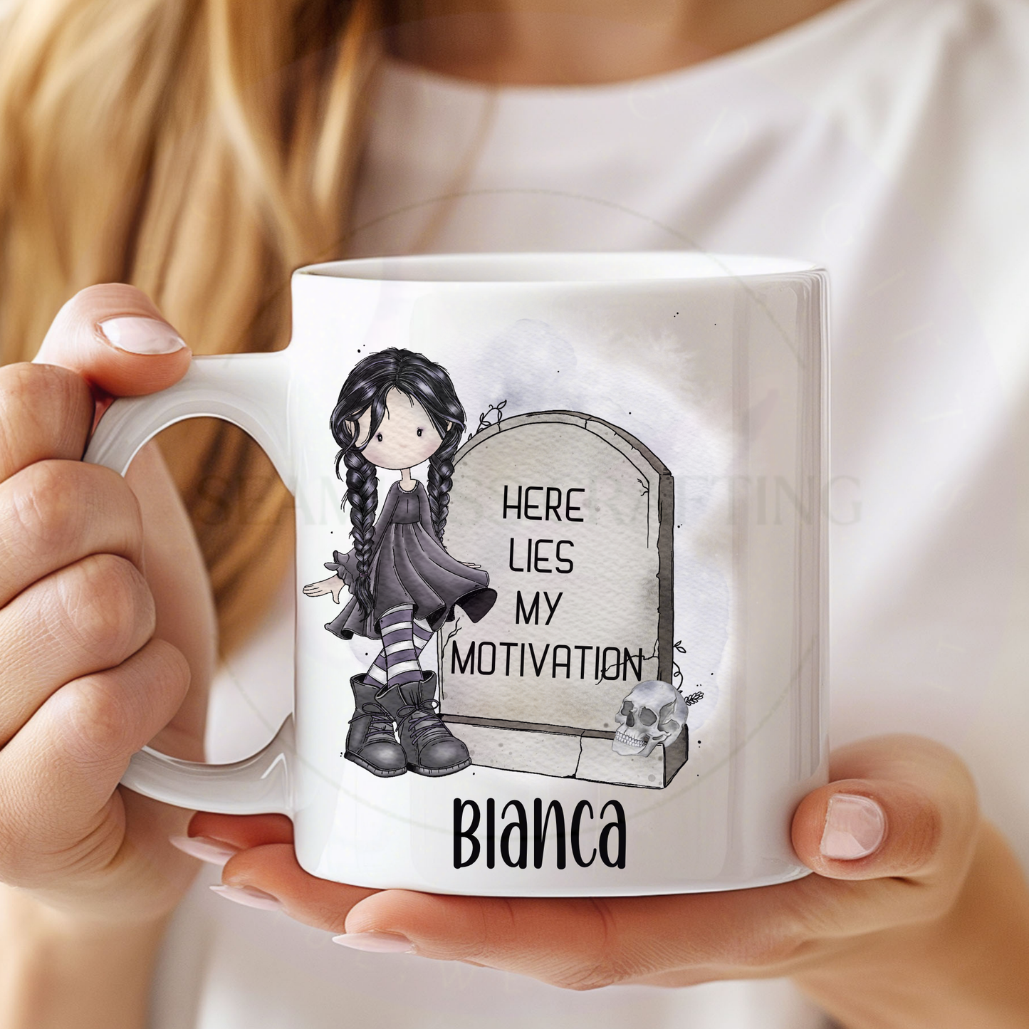 Personalised ceramic mug held in hands with spooky gravestone design and the quote Here Lies My Motivation