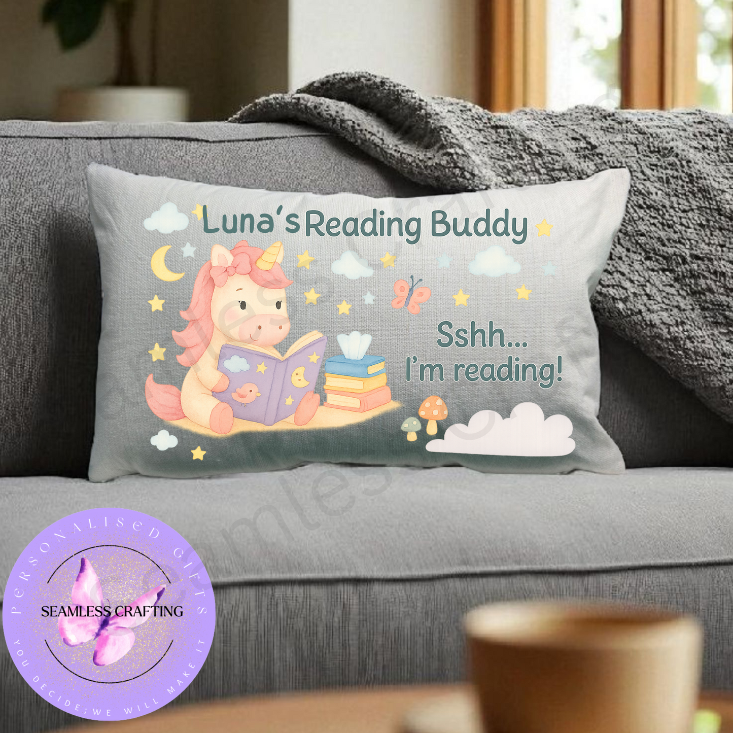 Personalized Reading Buddy Cushion | Custom Kids Pillow with Name | Dinosaur & Unicorn Design | 20x40 cm Canvas Storytime Gift