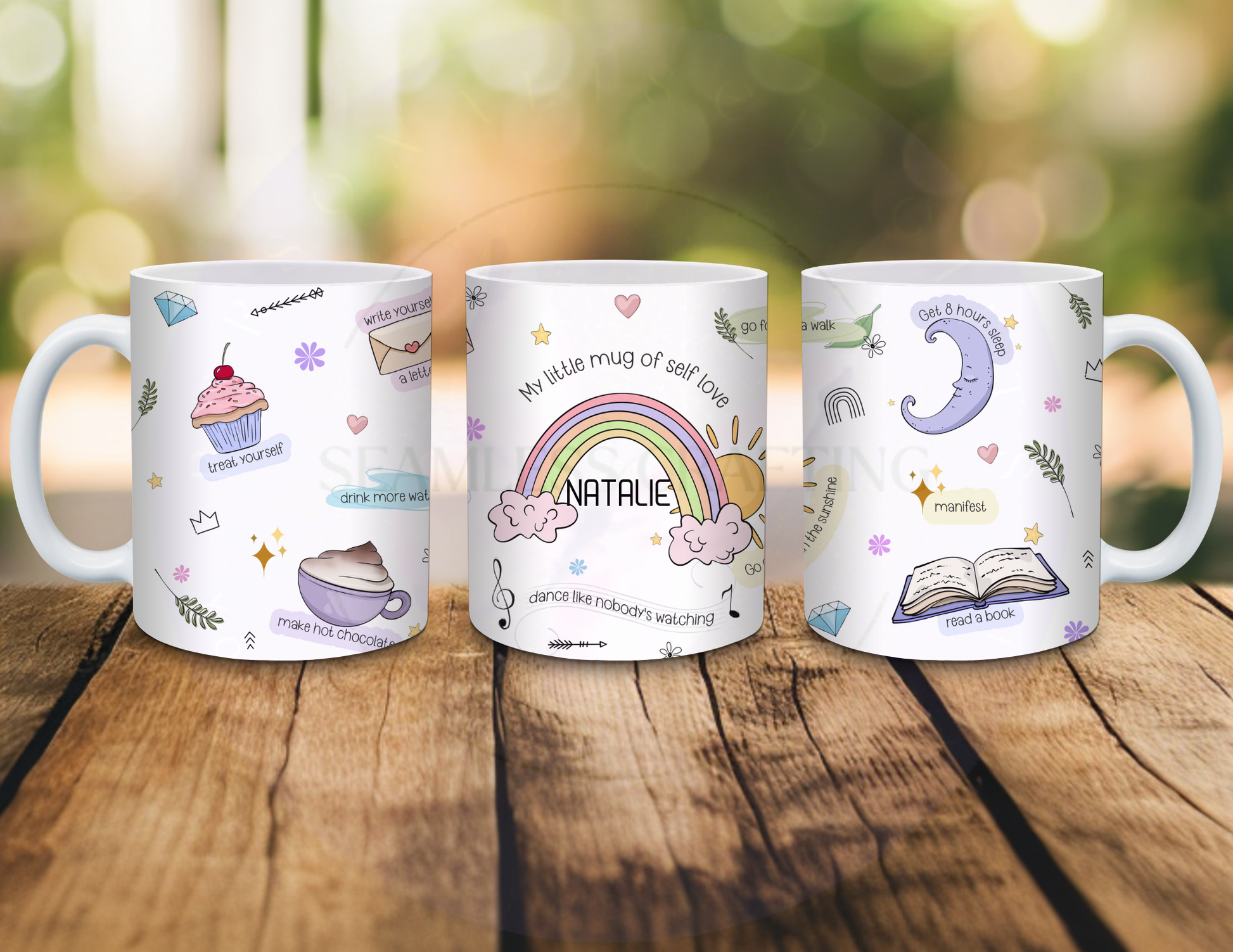 Three personalised self love mugs with custom name and pastel wellness design on wooden background