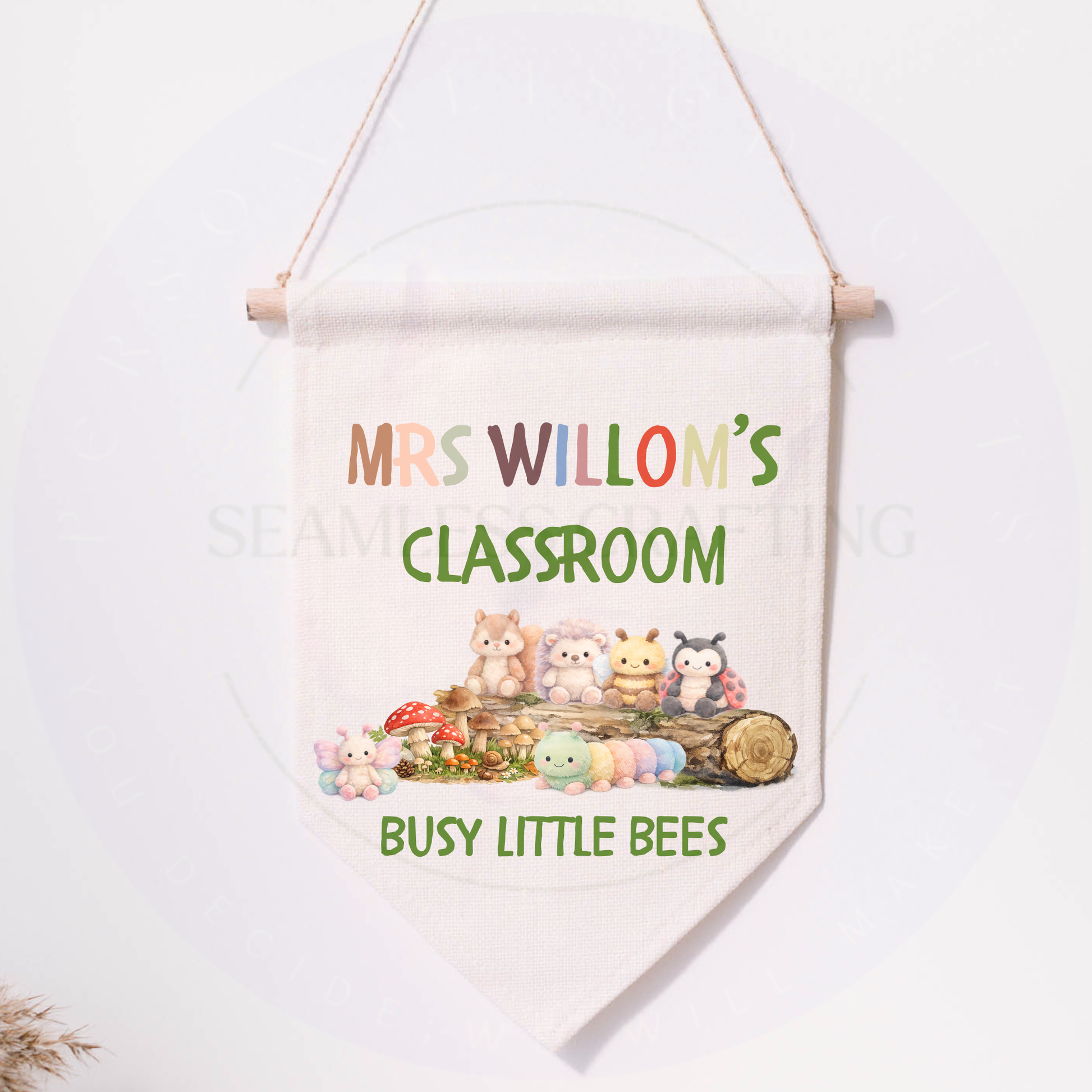 Front view of personalised linen classroom banner with custom teacher name and class wording