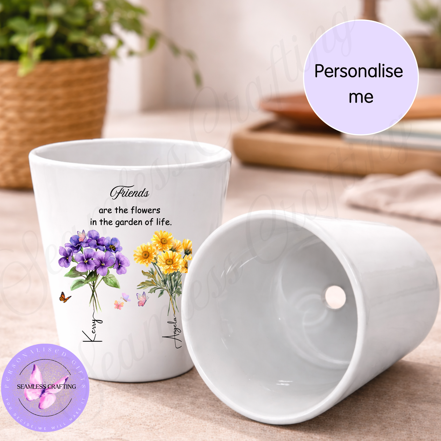 Personalised Birth Flower Plant Pot for Friends – Custom Flower Pot with Names, Friendship Gift, Birthday Gift for Best Friend