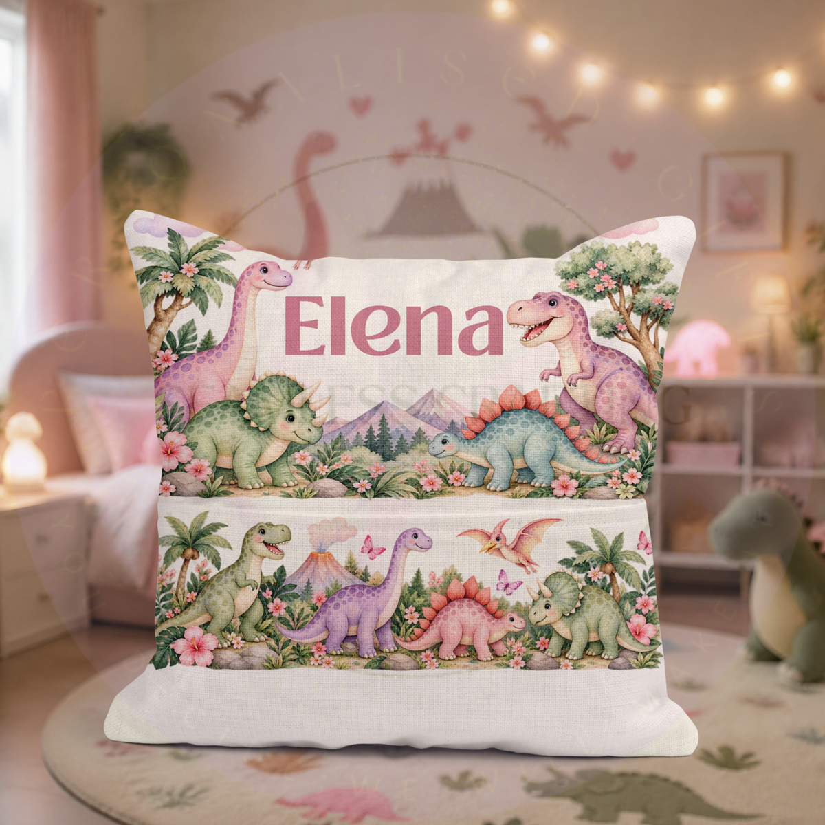Personalised dinosaur cushion with book pocket in pastel dinosaur bedroom