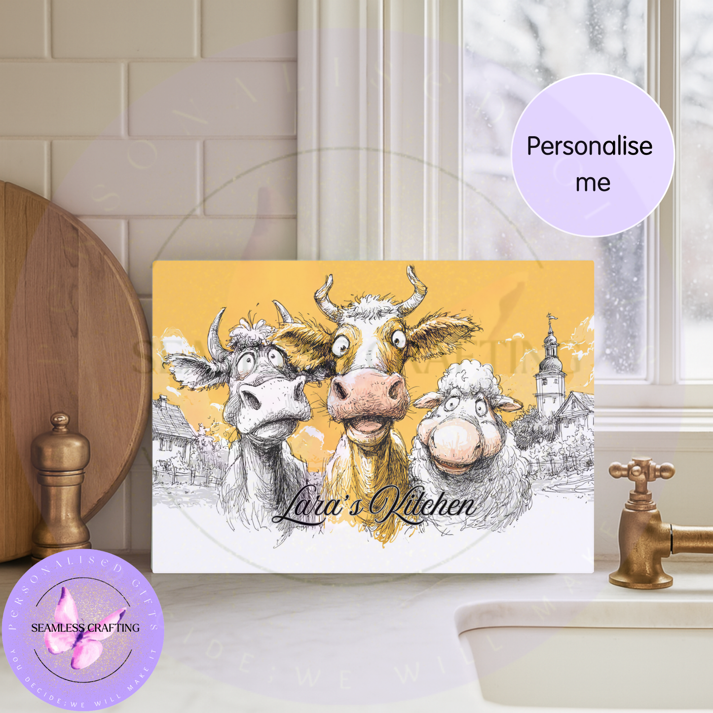 Personalised kitchen chopping board with name Lara’s Kitchen, animal farm design glass worktop saver gift