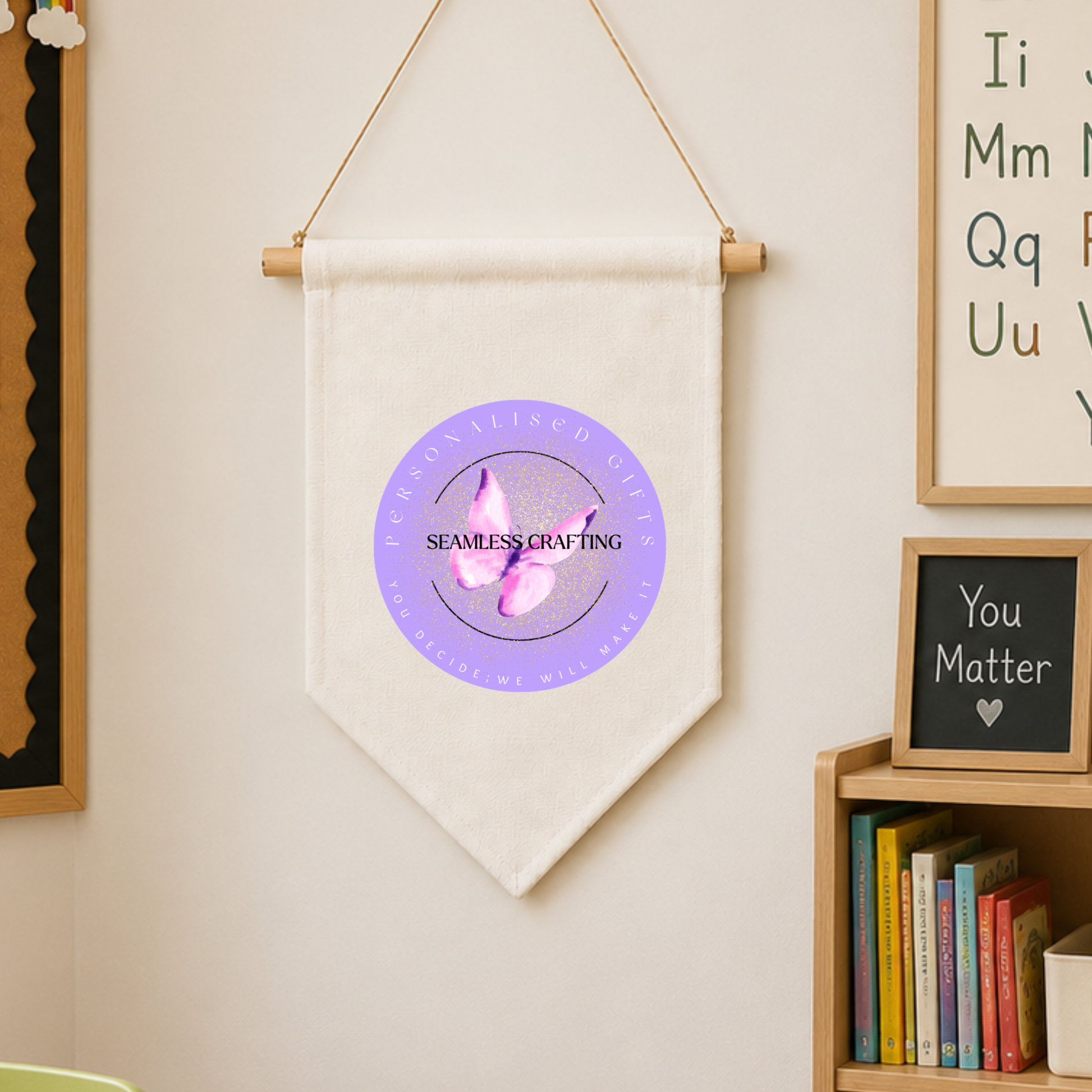 Personalised custom text or logo pennant banner in soft neutral interior