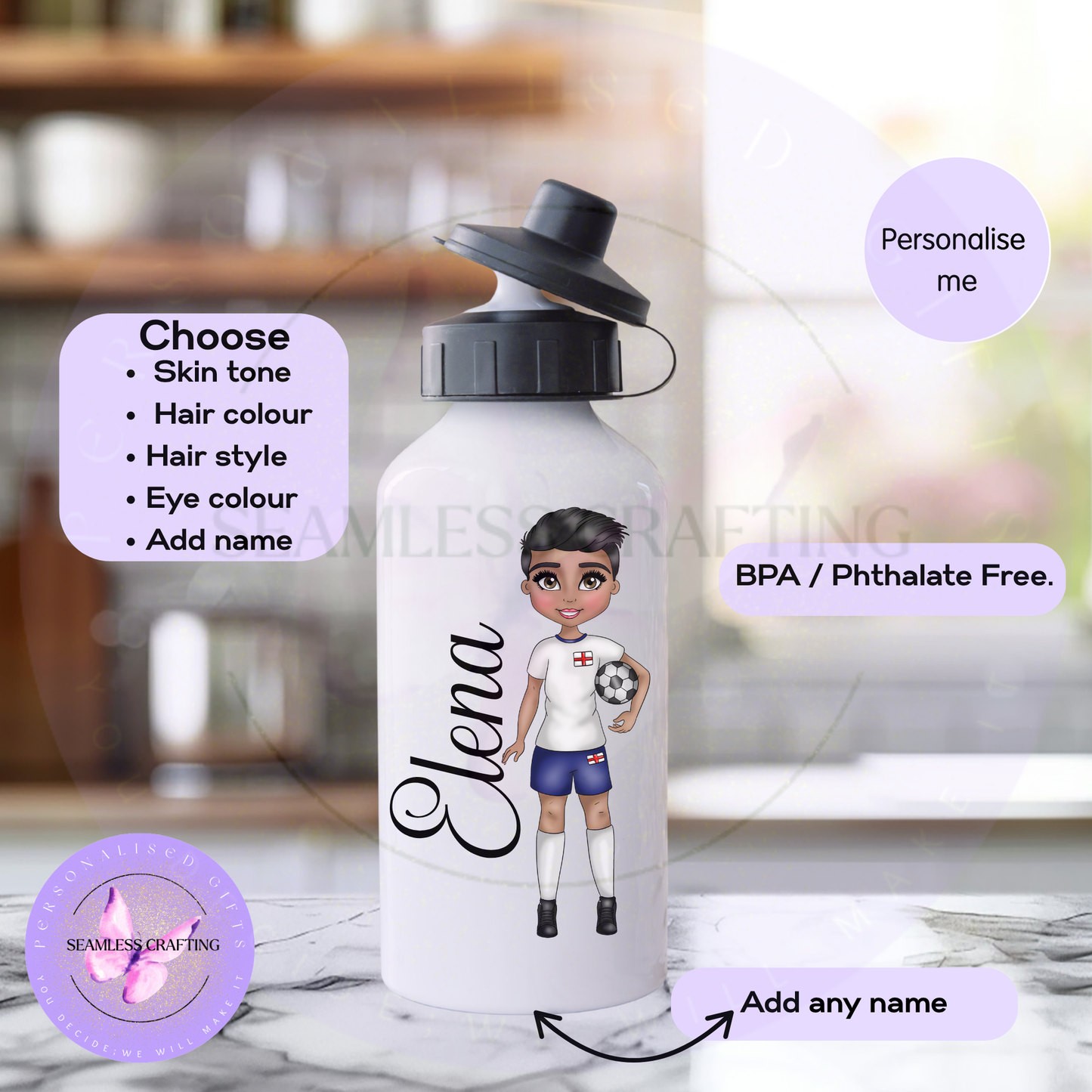 Custom girls football water bottle with England outfit character and personalised name